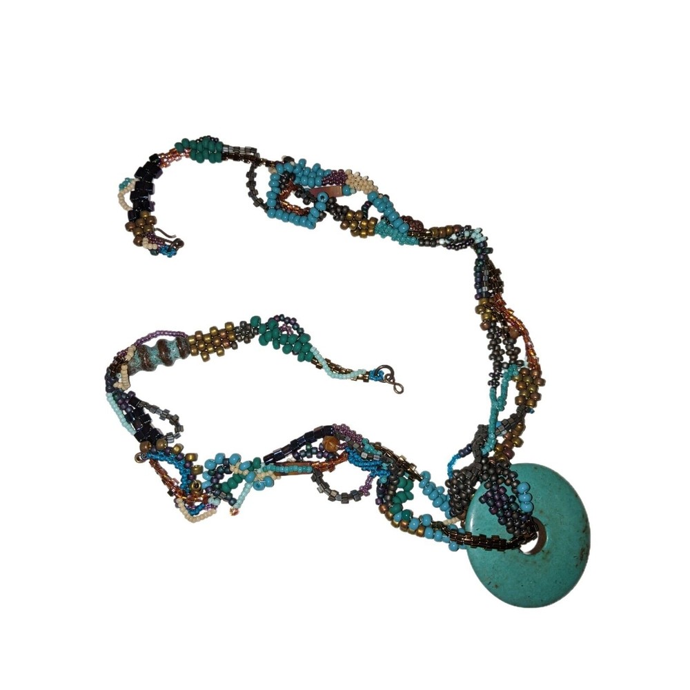 Artisan Beaded Freeform Necklace Turquoise Boho Ethnic OOAK Jewelry